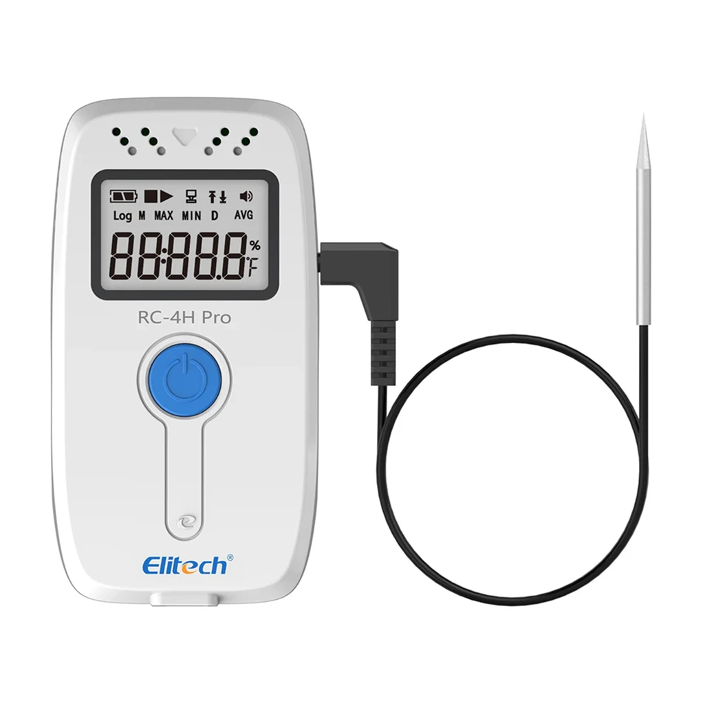 Datalogger de temperatura y humedad Elitech RC-4H Pro con pantalla LCD encendida para monitoreo ambiental, disponible en WIST.
