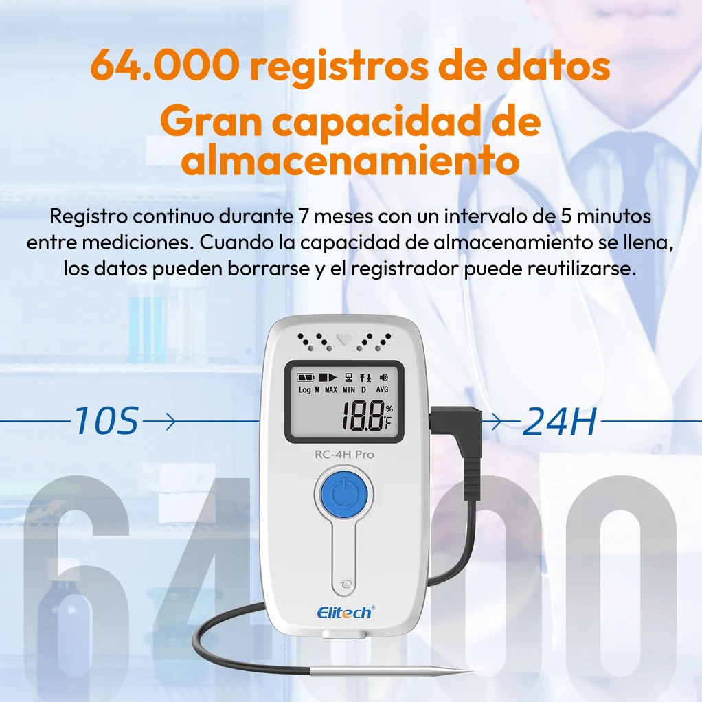 Registrador de datos Elitech RC-4H, 64000 registros, con sensor externo conectado para control de temperatura y humedad en WIST.