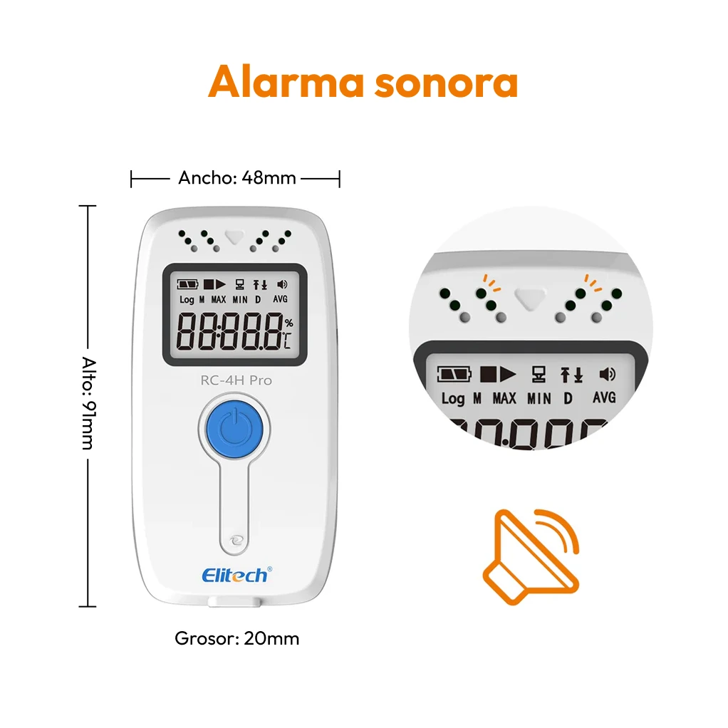 Primer plano de medidas y la interfaz digital del registrador Elitech RC-4H mostrando indicadores de batería, alarmas y registro térmico en WIST.