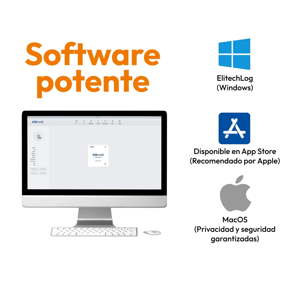 Datalogger Elitech RC-4H Sofware potente, mostrando indicadores de batería, alarmas y registro térmico en WIST.